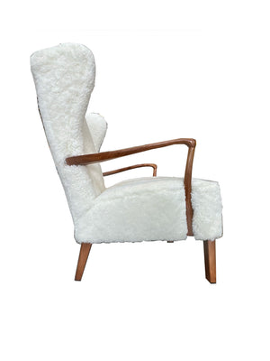 Vintage Danish Modern Jacob Kjaer Beech Wingback Chair in White Shearling