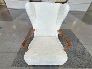 Vintage Danish Modern Jacob Kjaer Beech Wingback Chair in White Shearling