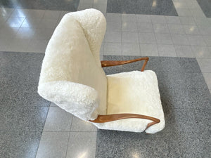 Vintage Danish Modern Jacob Kjaer Beech Wingback Chair in White Shearling