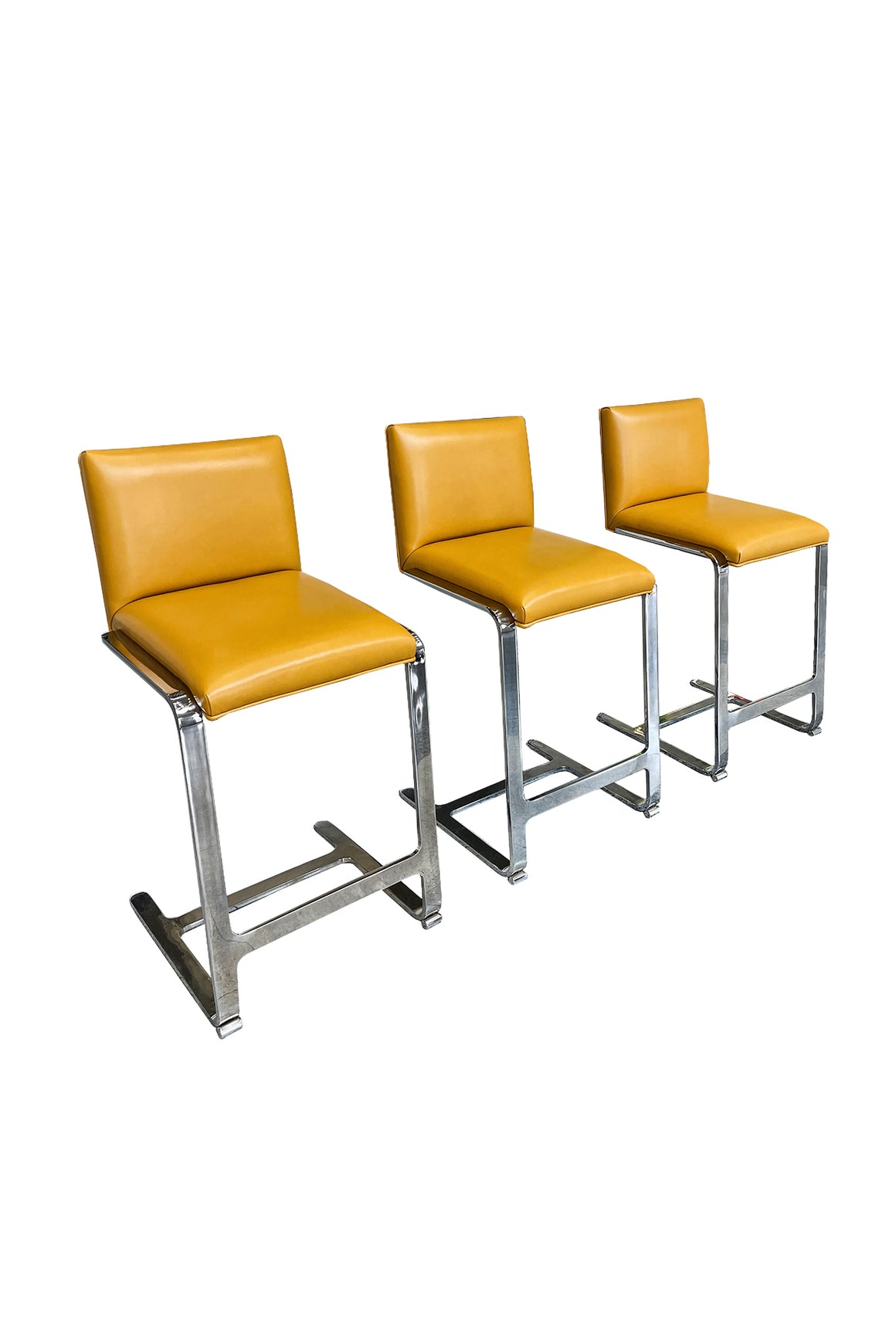 Mies van der Rohe Style Polished Steel & Yellow Leather Counter Stools - A Set of 3