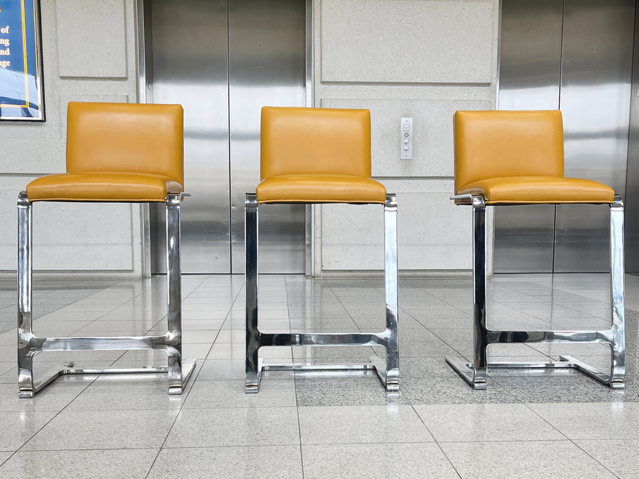 Mies van der Rohe Style Polished Steel & Yellow Leather Counter Stools - A Set of 3