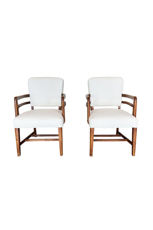 1930s English Art Deco Beech Armchairs in Oyster White Leather - a Pair