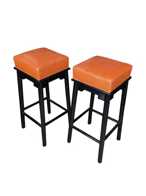 Pair of 1950s Leather & Lacquered Bar Stools in the Style of James Mont