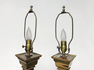 Converted Mid-20th Century Brass Candle Table Lamps - a Pair