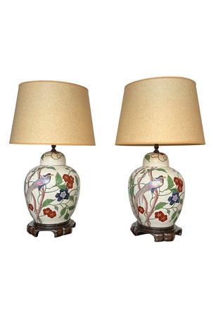 Pair of 20th Century Chinese Ginger Jar Lamps With Birds of Paradise