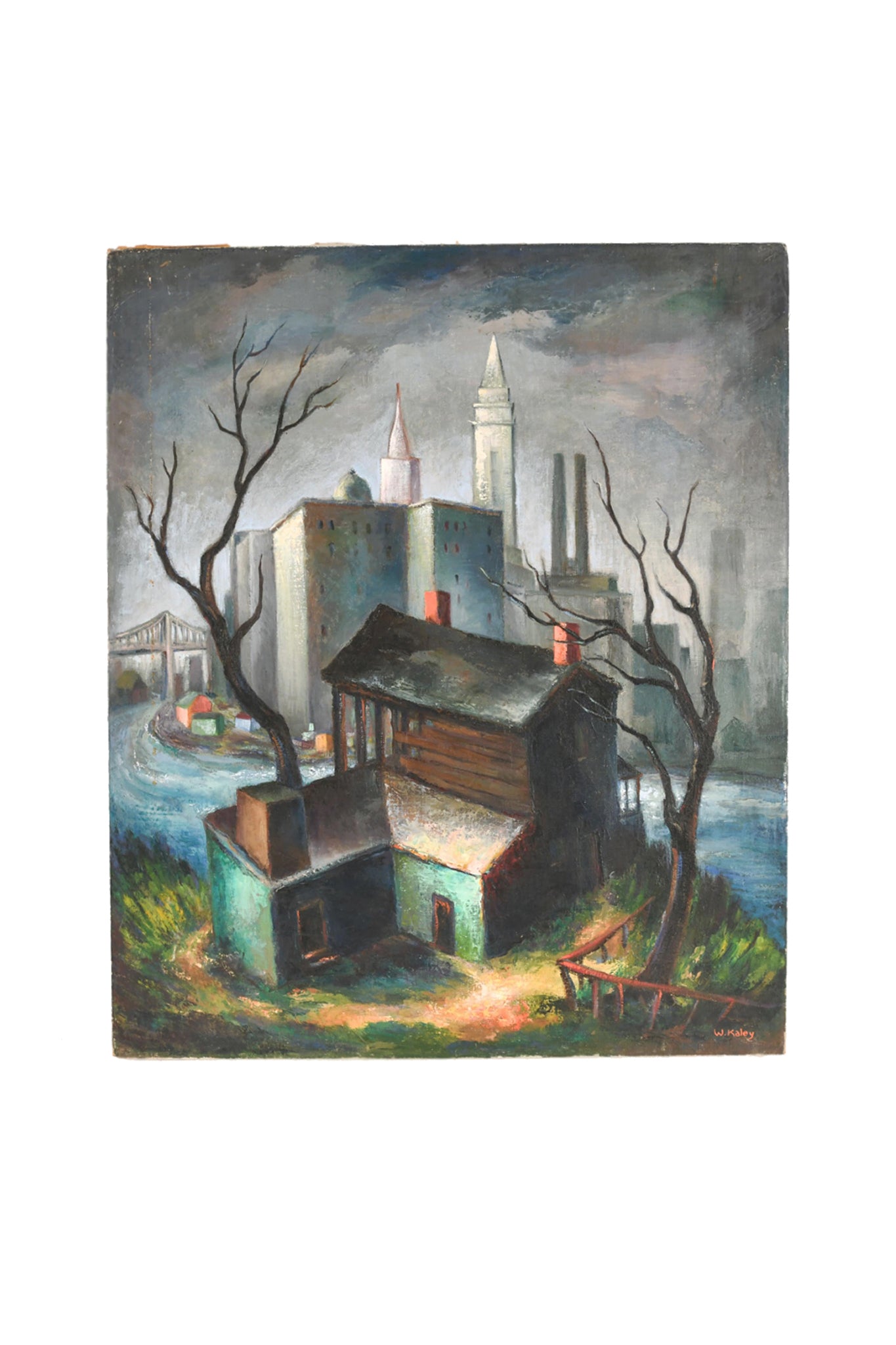 Vintage 1960s Enzo Linca Modernist Cityscape Painting of