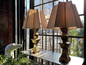 Converted Mid-20th Century Brass Candle Table Lamps - a Pair