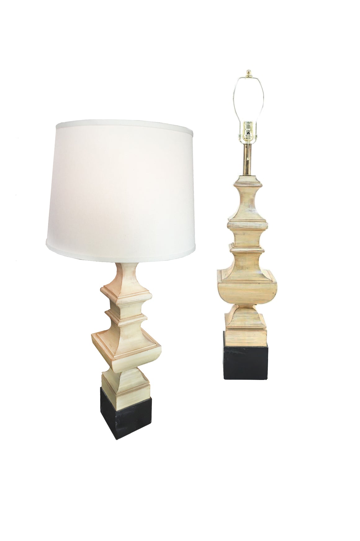 Pair of 20th Century Wood Chess Piece Column Table Lamps