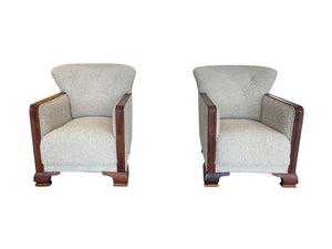 Pair of 1950s Danish Art Deco Beech Wood Club Chairs in Oyster White Bouclé